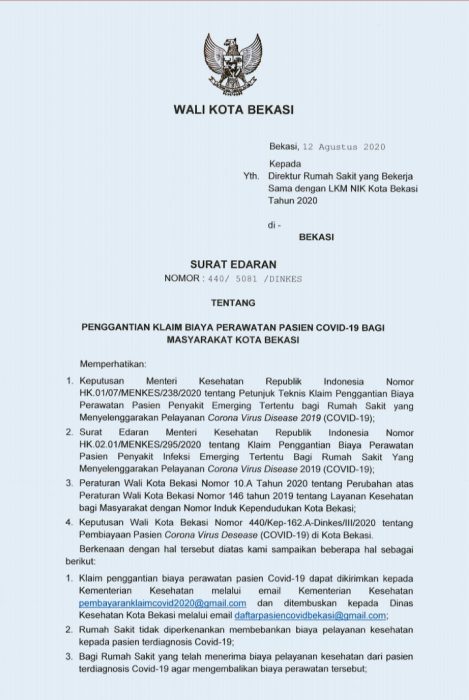 
 Pemkot Bekasi Keluarkan Aturan Pembiayaan Kesehatan Pasien Covid-19