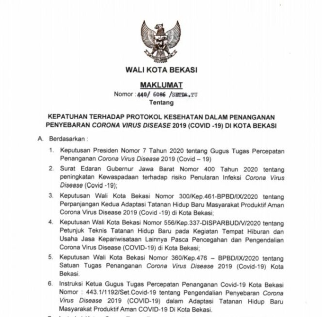 
 Maklumat Wali Kota Bekasi tentang Kepatuhan Protokol Kesehatan