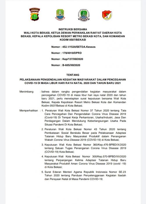 
 Pemkot Bekasi Keluarkan Instruksi Bersama Pengendalian Kegiatan Masyarakat di Masa Libur Natal 2020 dan Tahun Baru 2021