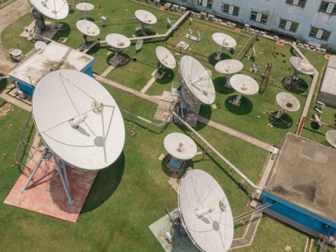 
 Location:  PSN Office at Cikarang, West Java
Date: 22nd March 2021
Description: Aerial shot of satellite dishes at PSN Cikarang, West Java.