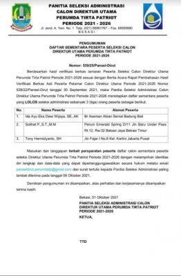 
 Pemkot Bekasi Umumkan 3 Nama Calon Dirut Perumda Tirta Patriot
