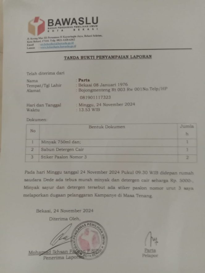 
 Warga Rawalumbu Laporkan Tri Adhianto ke Bawaslu karena Masih Kampanye di Masa Tenang